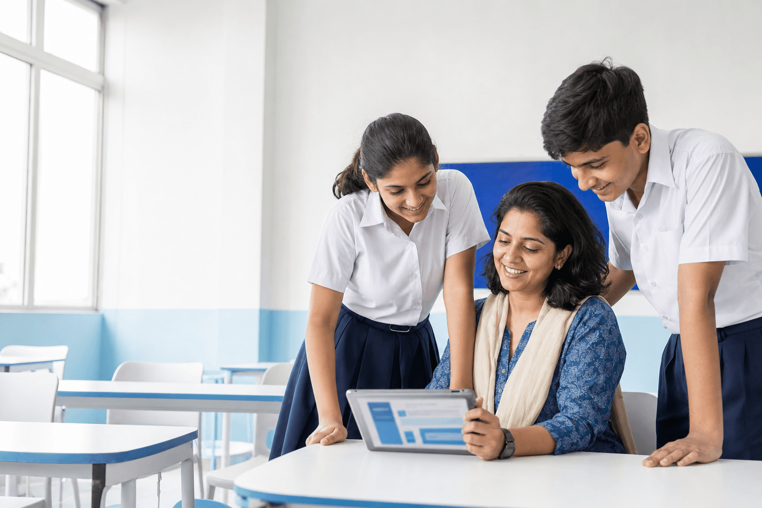 Teacher and students reviewing school information together
